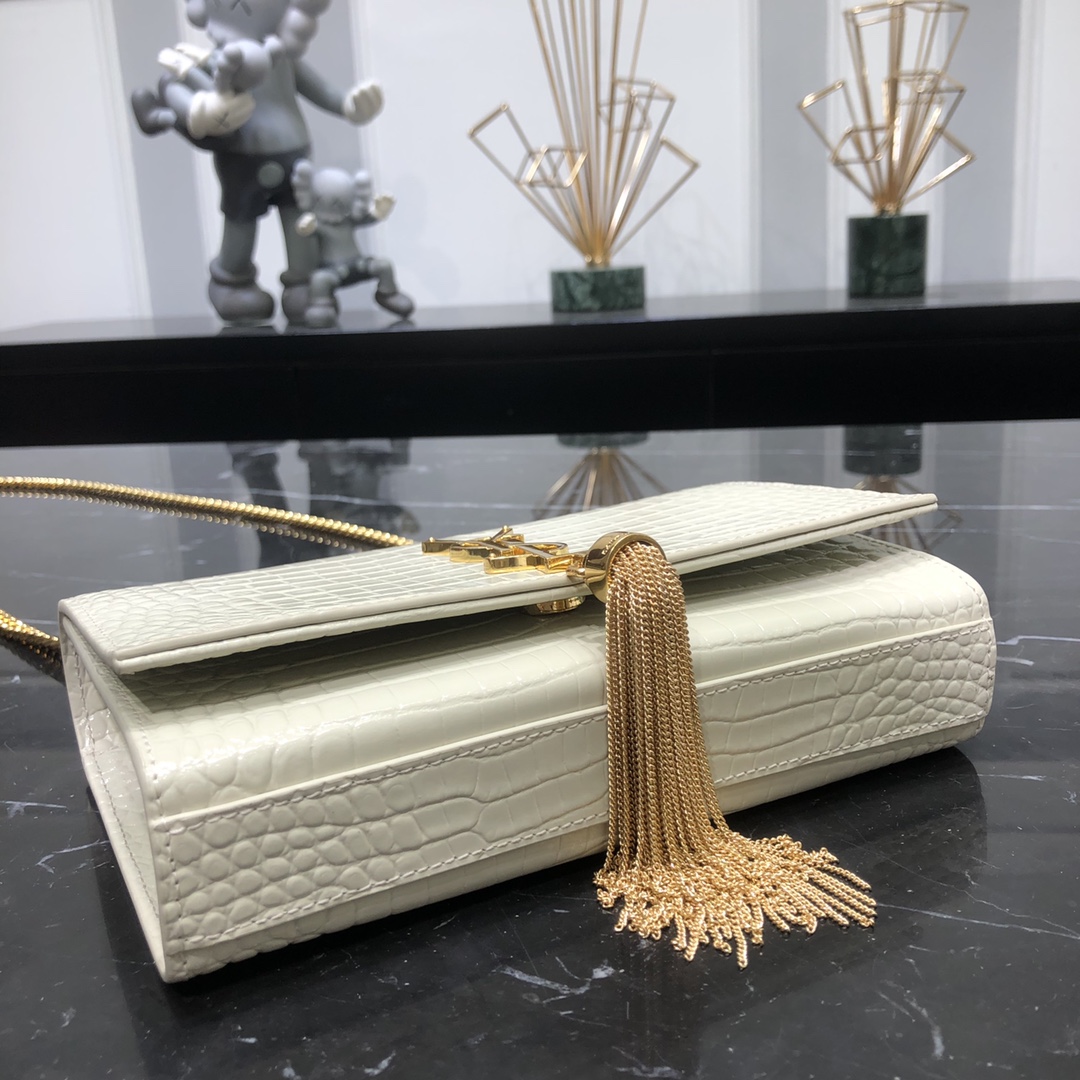 Saint Laurent Kate Tassel Small Crocodile Embossed Calfskin Shoulder Bag Handbag White 474366 Gold